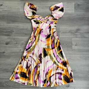 Lulu's White Multi-Color Pleated Midi Dress